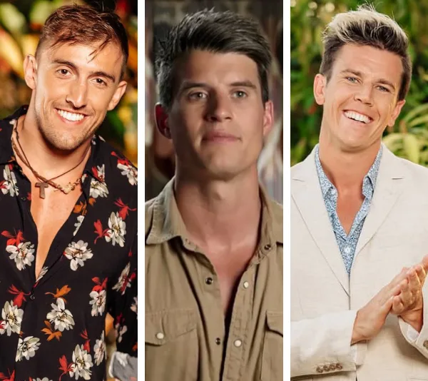 Three men smiling; one in a floral shirt, one in a tan shirt, and one in a white suit, in a tropical setting.
