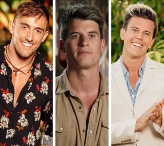 Three men smiling; one in a floral shirt, one in a tan shirt, and one in a white suit, in a tropical setting.