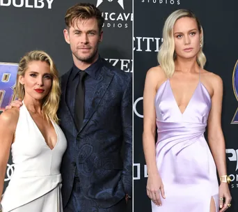 Couple poses on the left, with a woman in a white dress and man in a suit; woman in lavender dress on the right.