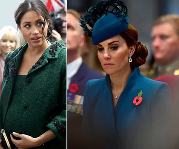 Two women in formal attire; one in green holding her belly, the other in blue with a feathered hat and poppy pin.