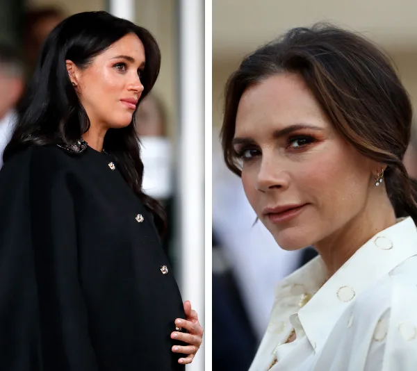 Two women in a split image: one is pregnant in a black coat, the other in a white shirt, looking towards the camera.