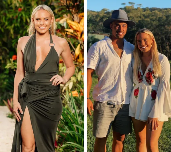 Cass Wood in a black dress on the left; with a man in a white shirt and shorts on the right, outdoors.