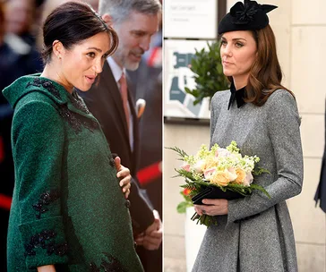Meghan Markle in a green coat and Kate Middleton in grey with a bouquet, highlighting differing styles at public events.