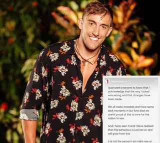 Man in floral shirt smiling outdoors with a text box apology overlayed on top from social media.