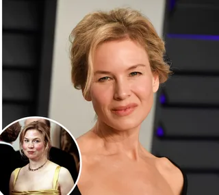 Pair of images of a woman at different red carpet events, highlighting changes in appearance.