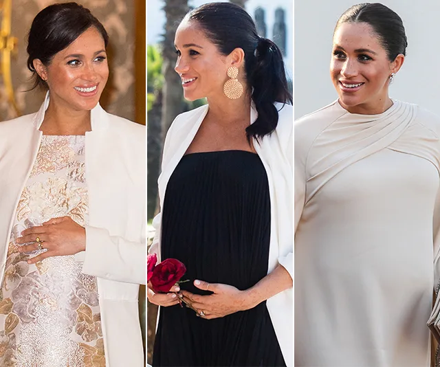 "Three images of a stylish woman wearing pregnancy outfits with a white coat, black dress, and beige gown."