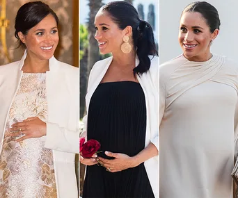 "Three images of a stylish woman wearing pregnancy outfits with a white coat, black dress, and beige gown."