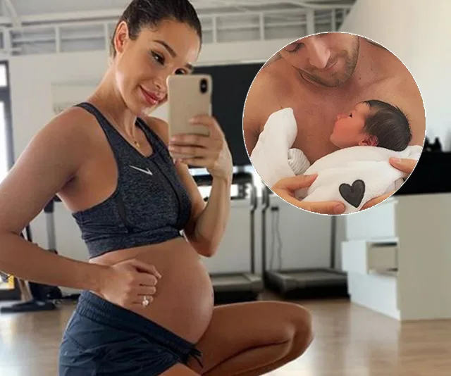 Pregnant woman takes a mirror selfie in workout clothes, inset shows man holding a newborn baby wrapped in a white blanket.