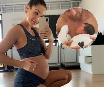 Pregnant woman takes a mirror selfie in workout clothes, inset shows man holding a newborn baby wrapped in a white blanket.