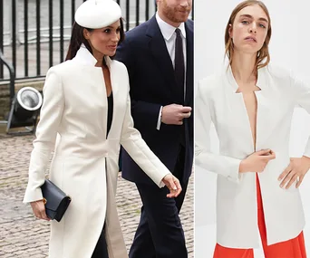 Meghan Markle wearing a white coat and beret on the left; a model in a similar coat on the right.