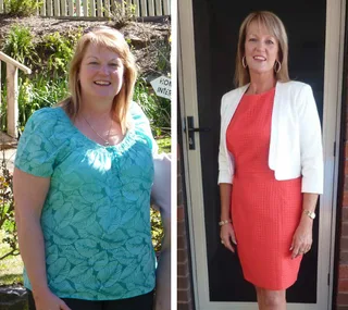 Two side-by-side images of a woman showing her before and after transformation, smiling in casual and formal attire.