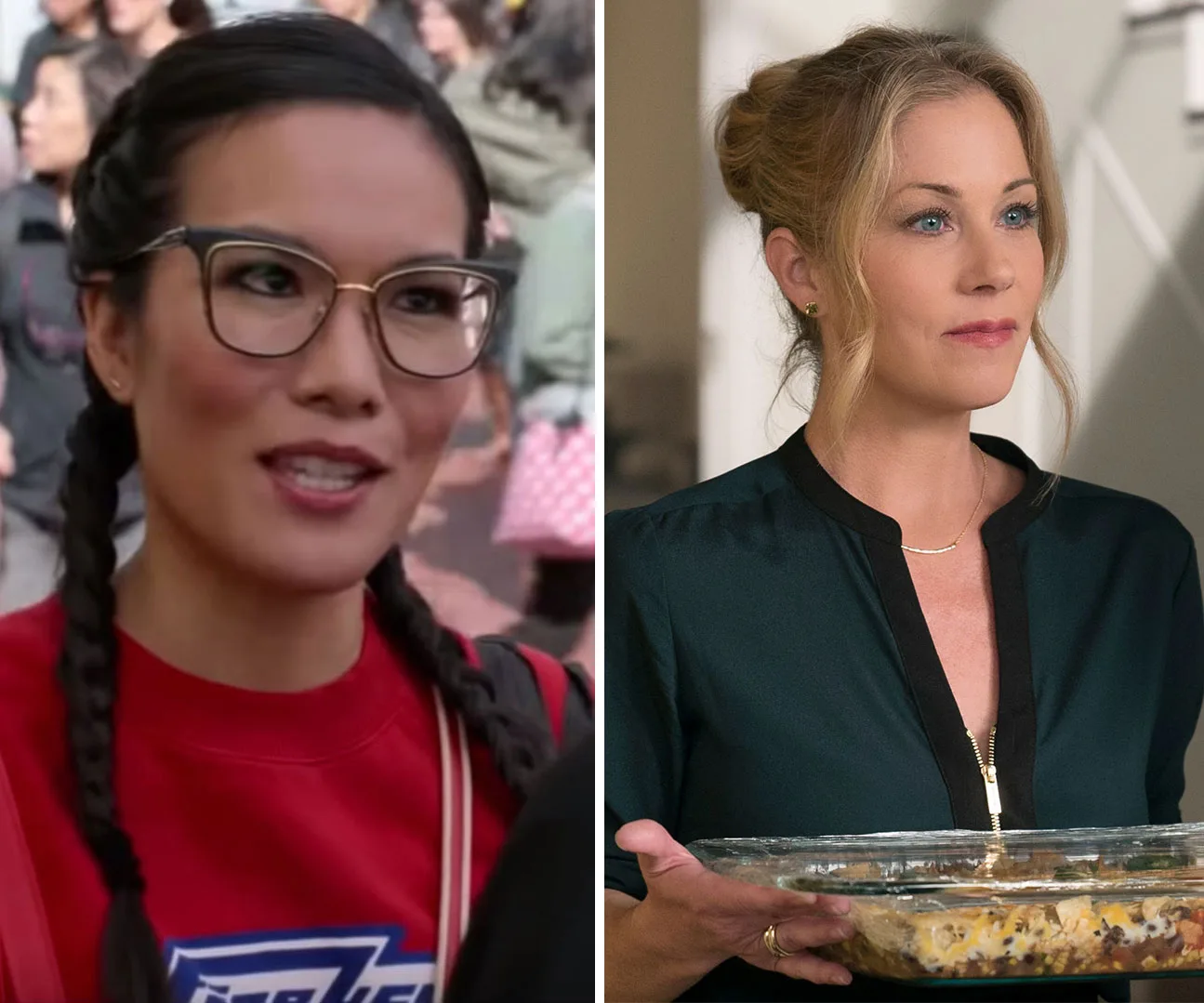 Two women from Netflix shows; one with glasses and braids, the other holding a casserole dish.