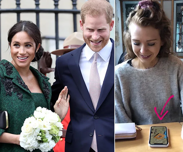A smiling couple in formal attire on the left, a woman looking at her phone on a table with a pink arrow on the right.