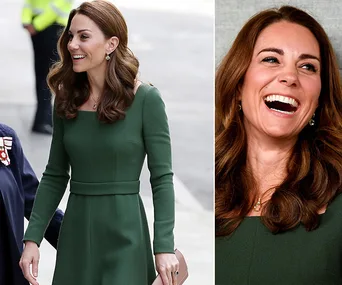 A woman in a green dress smiles while walking outside; close-up shows her laughing.