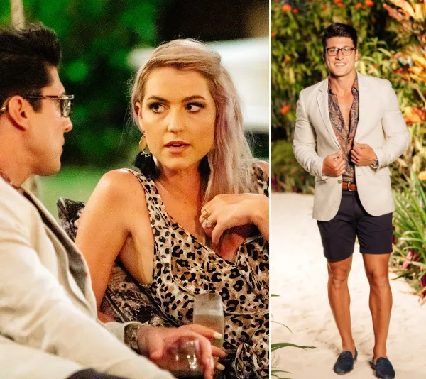 Two people conversing outdoors, and a man standing on a beach, wearing a blazer and shorts.