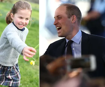 Princess Charlotte playing outside; a man in a suit laughing in another setting.