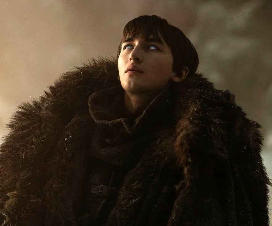 Bran Stark from Game of Thrones looks upwards, wearing a fur cloak with glowing eyes, shrouded in misty surroundings.