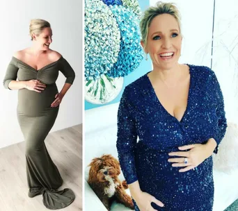 Smiling woman in maternity gowns; one green, one blue with sequins, standing and seated near a small dog.