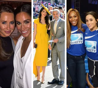 Group collage featuring friends of Meghan Markle, including dressed in formal and casual attire at different events.