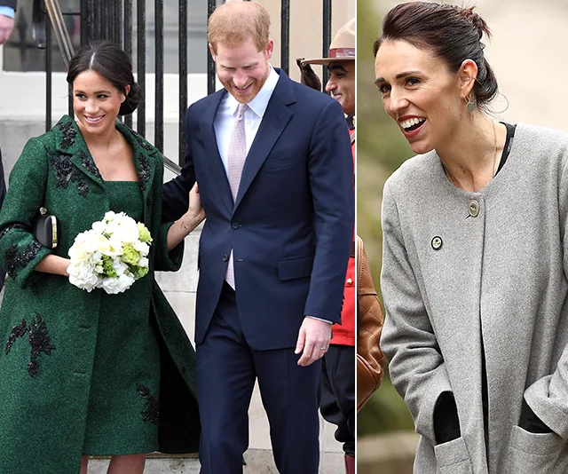 Meghan Markle and Prince Harry are smiling together; Jacinda Ardern is pictured on the right in a separate image.