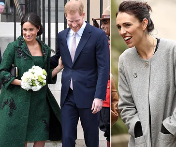 Meghan Markle and Prince Harry are smiling together; Jacinda Ardern is pictured on the right in a separate image.