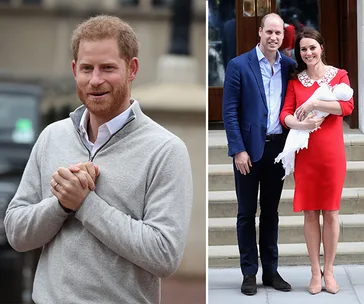 Man in gray sweater smiling, couple with newborn on steps, woman in red dress, man in blue blazer.