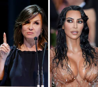 Two women side by side; woman on left speaking at a podium, woman on right with wet-look hairstyle in elegant attire.