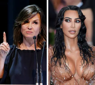 Two women side by side; woman on left speaking at a podium, woman on right with wet-look hairstyle in elegant attire.