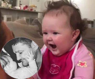 Baby laughing on a couch with an inset photo showing a tender moment with an adult.
