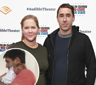 Couple posing on red carpet; inset shows a man holding a baby.