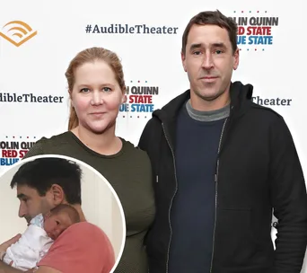 Couple posing on red carpet; inset shows a man holding a baby.