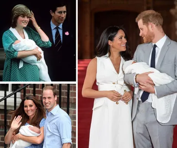 Three couples holding babies, including historical and modern royal figures.