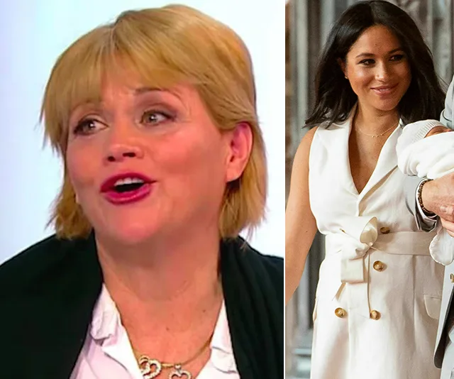 Samantha Markle and Meghan Markle side-by-side; Meghan holds baby Archie wrapped in a white blanket.
