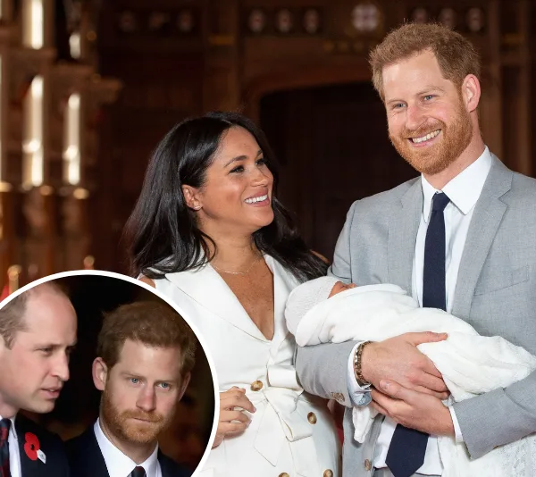 Family joyfully holding a newborn, with an inset of two men in a conversation.
