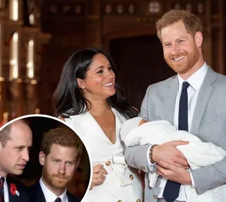 Family joyfully holding a newborn, with an inset of two men in a conversation.