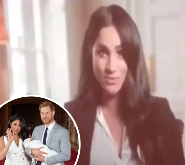 Meghan Markle speaking in a video, with inset of her, Prince Harry, and baby in a formal setting.