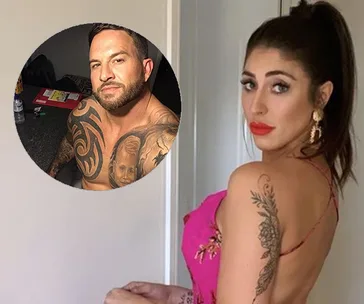 A woman in a pink dress with tattoos looks over her shoulder; inset shows a tattooed man sitting shirtless.