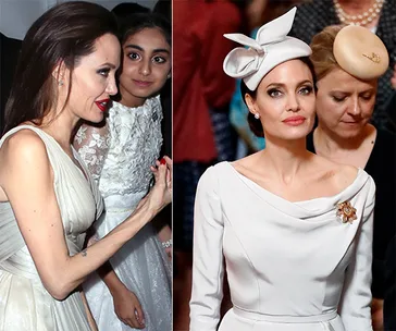 Two photos of a woman in elegant dresses; one with a young girl, the other wearing a stylish hat.