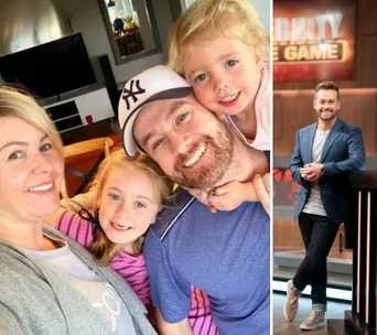Family selfie at home, smiling with kids, and a man in casual attire on a TV set with a game show backdrop.