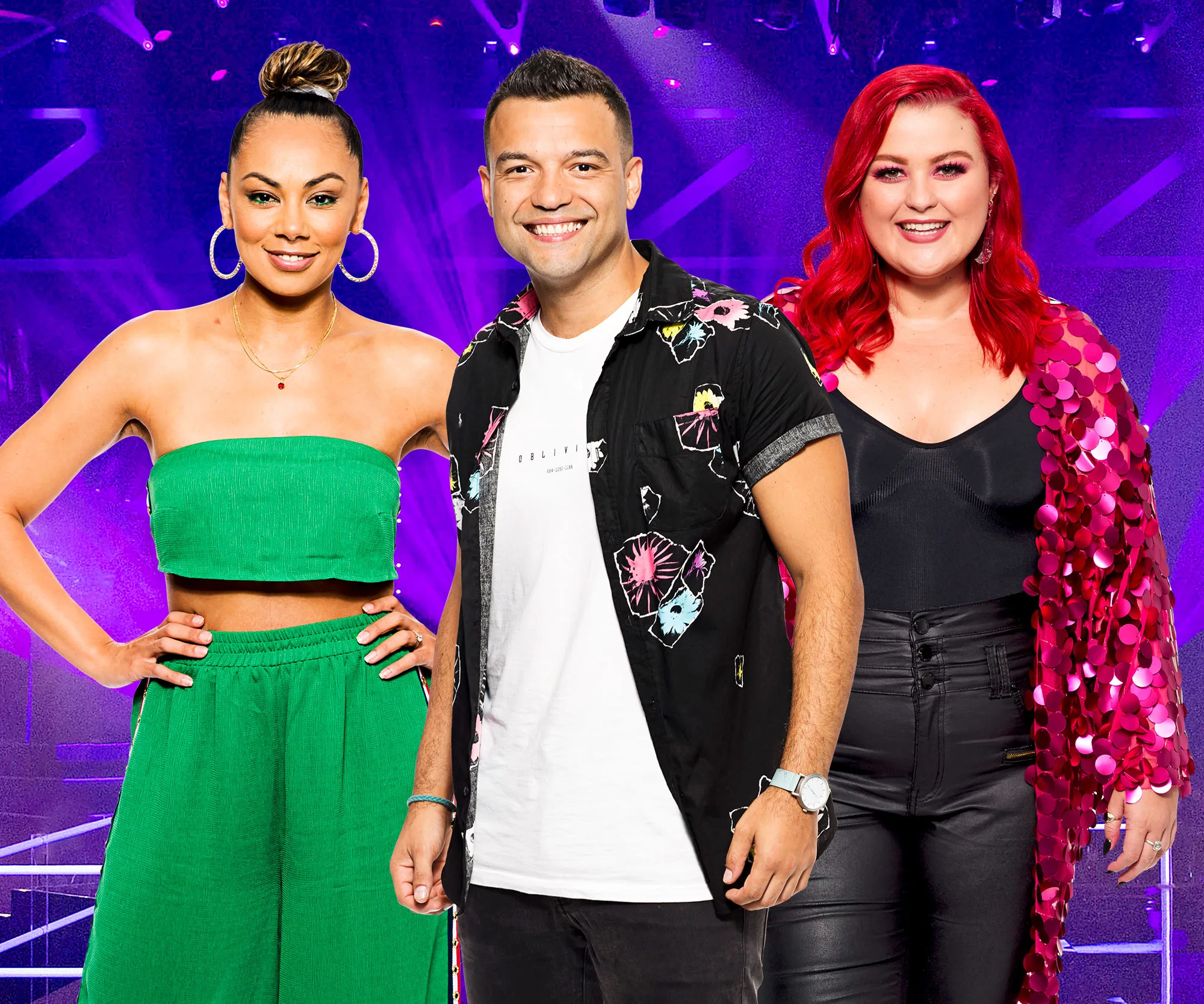 Three contestants from The Voice Australia 2019 against a vibrant purple stage background.