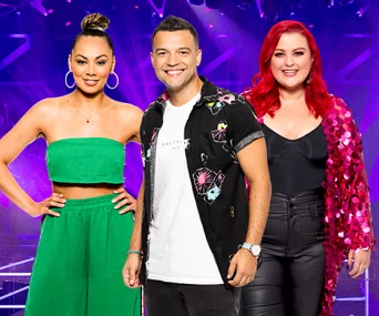 Three contestants from The Voice Australia 2019 against a vibrant purple stage background.