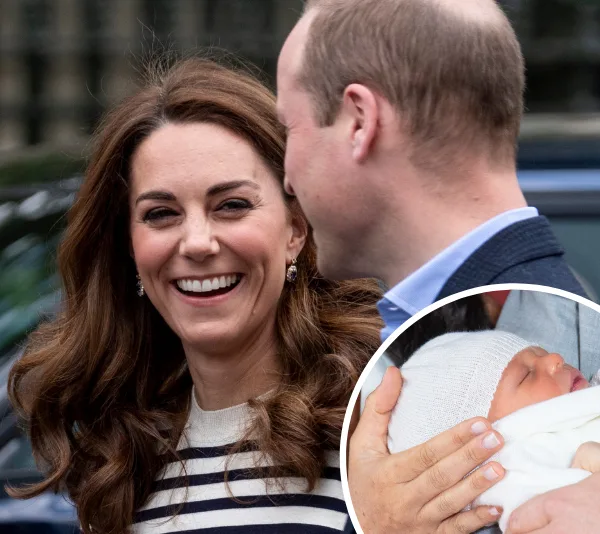 Kate smiling beside William with an inset showing a baby wrapped in a white blanket.