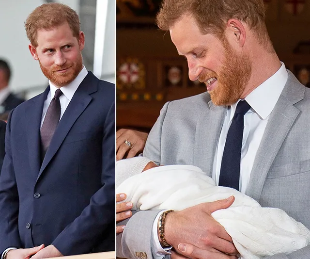 Man in a suit looking contemplative; another image of him smiling at a baby wrapped in white blanket in his arms.