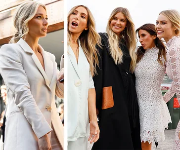 A woman in a white coat and a group of four women posing in stylish outfits at a fashion event.