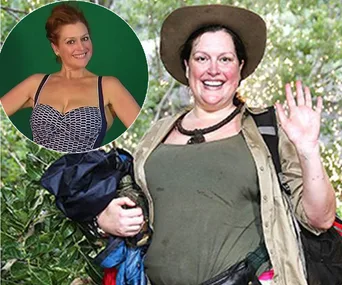 Two images of a woman on a weight loss journey; one outdoors in a hat, another in a fitted dress smiling.