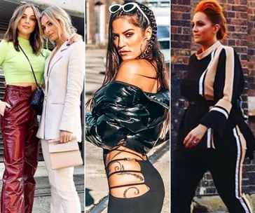 Fashionable women posing in various stylish outfits; neon top with maroon pants, black leather with design, and striped ensemble.