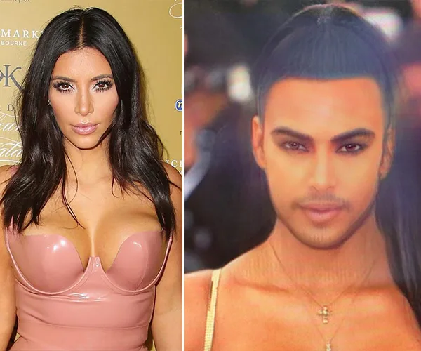 Female and male versions of the same person in a split image; one in a pink outfit, the other resembling a masculine form.