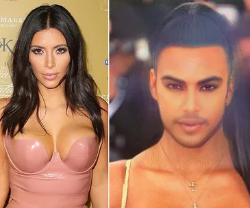 Female and male versions of the same person in a split image; one in a pink outfit, the other resembling a masculine form.