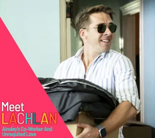 Man in sunglasses holding a box, text: "Meet Lachlan, Ainsley's Co-Worker And Unrequited Love" from "Five Bedrooms".