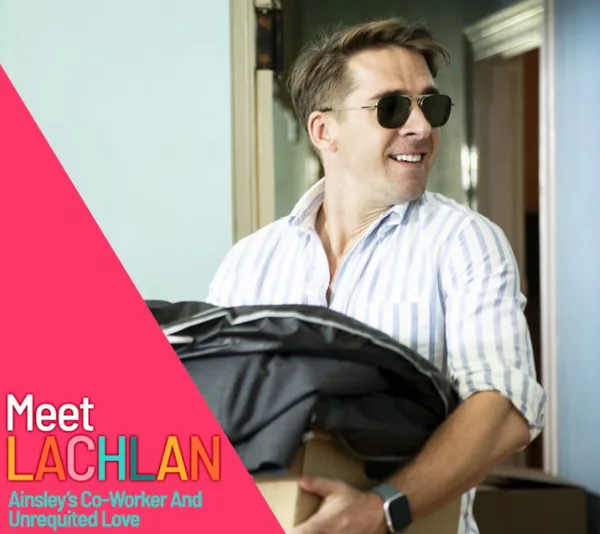 Man in sunglasses holding a box, text: "Meet Lachlan, Ainsley's Co-Worker And Unrequited Love" from "Five Bedrooms".